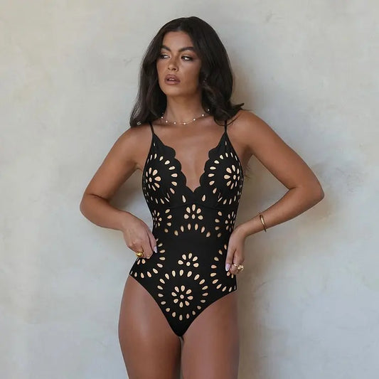 Flaxmaker Women One Piece Swimsuit and Skirt Black Laser Cutting Flower Hollow Swimwear Summer Deep V Neck Bathing Suit 2025